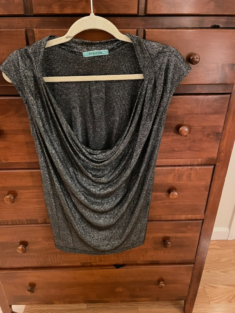 Pleione grey metallic drape neck top, women’s 1X